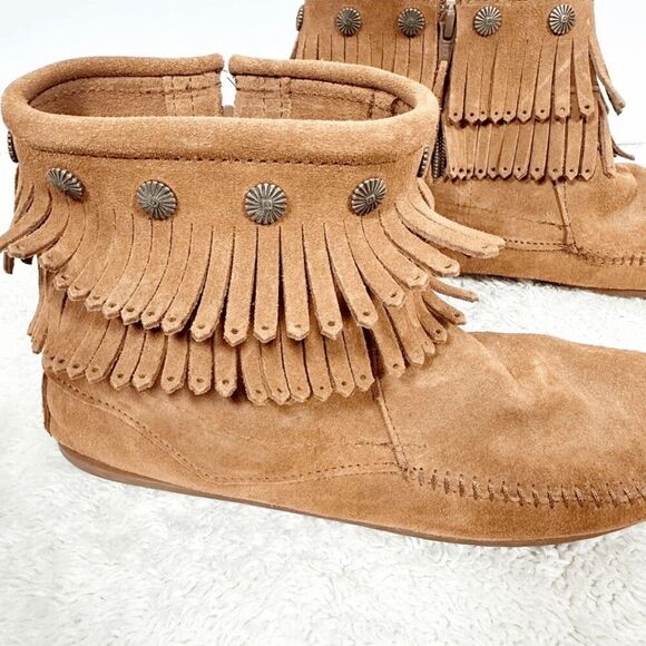 Minnetonka Double Fringe Side Zip Boot Ankle Bootie Moccasin Size 10 - Picture 3 of 8